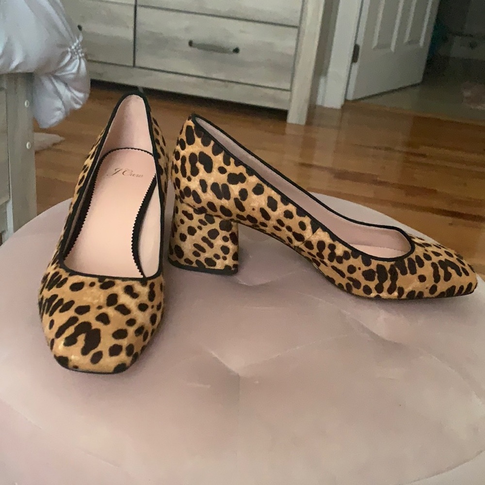 J. Crew calf hair leopard print block heel pumps